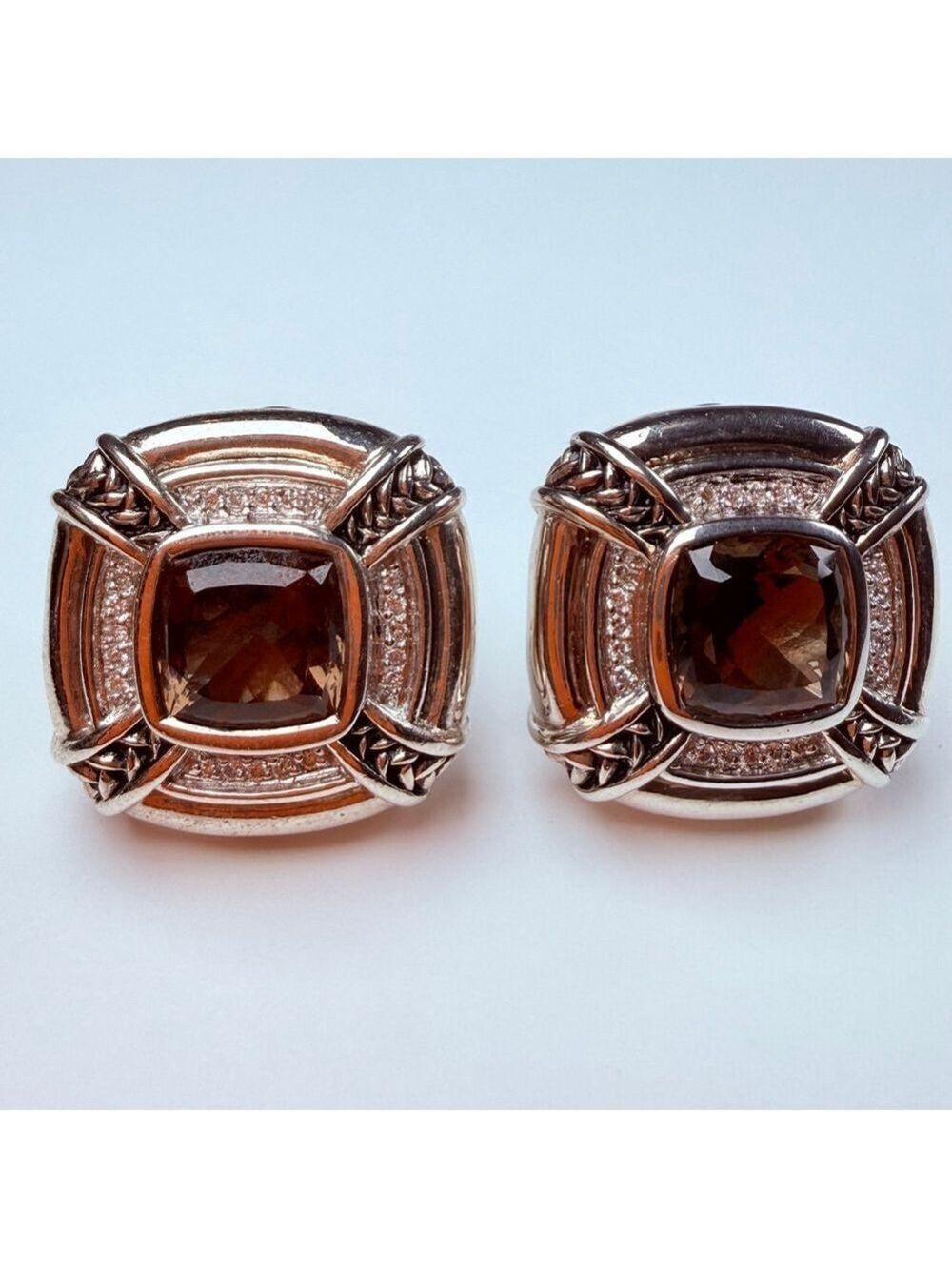 Scott Kay Smoky Quartz & Diamond Sterling Silver 925 Omega Back Waverly Earrings